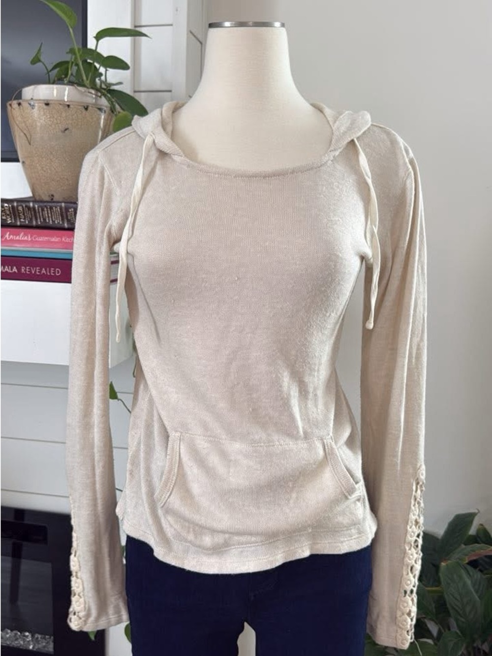 Chance or Fate Cream Lightweight Hooded Pullover with Crochet Cuff